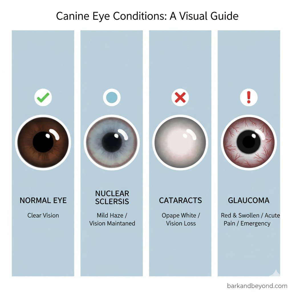 정상, 핵경화증, 백내장, 녹내장 강아지 눈동자 혼탁도를 비교하는 인포그래픽