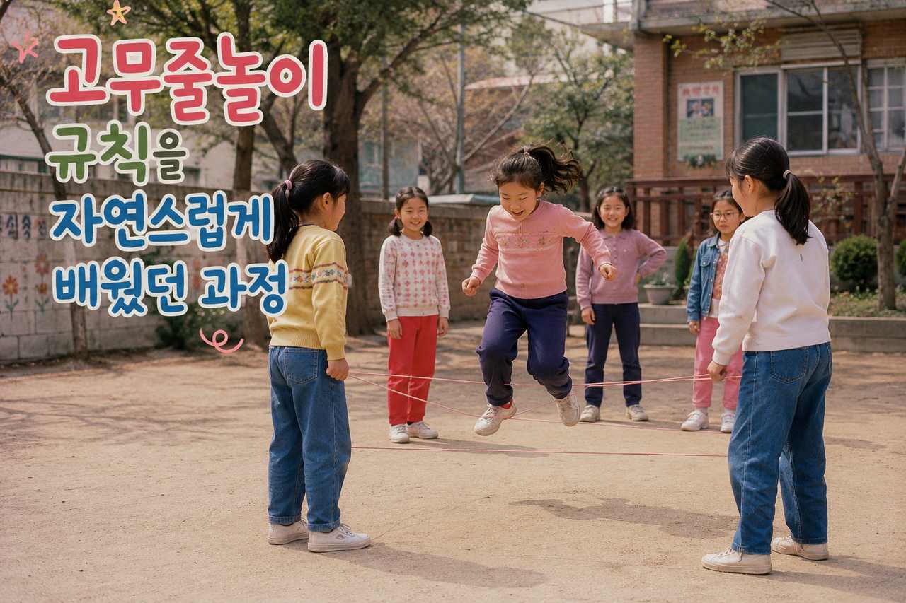 학교 운동장에서 친구들이 고무줄을 잡고 한 아이가 고무줄놀이를 하는 모습