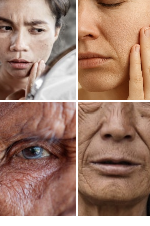 갱년기로 인한 피부 변화에 고민하는 여성들의 얼굴 클로즈업 이미지.
주름, 기미, 탄력 저하 등 다양한 피부 노화 증상이 나타나 있는 모습.