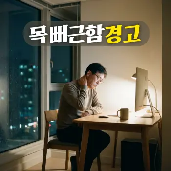 목 뻐근함 경고
50대 한국인 남성이 늦은 밤 책상에 앉아 모니터를 바라보며 뒷목을 잡고 피로해하는 모습.