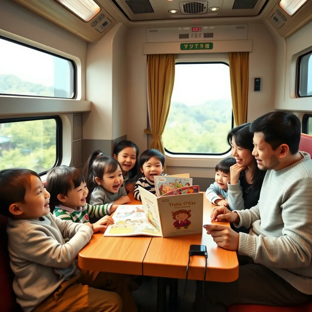 KTX 가족 칸에서 아이들이 창밖을 보며 즐겁게 이야기하거나 간단한 그림책을 보는 모습. 부모는 아이들을 따뜻하게 바라보며 미소 짓고, 칸 내부의 넓은 공간과 편의시설(예: 테이블, 콘센트)이 자연스럽게 보이도록 합니다. 행복하고 화목한 가족의 분위기를 담아냅니다.