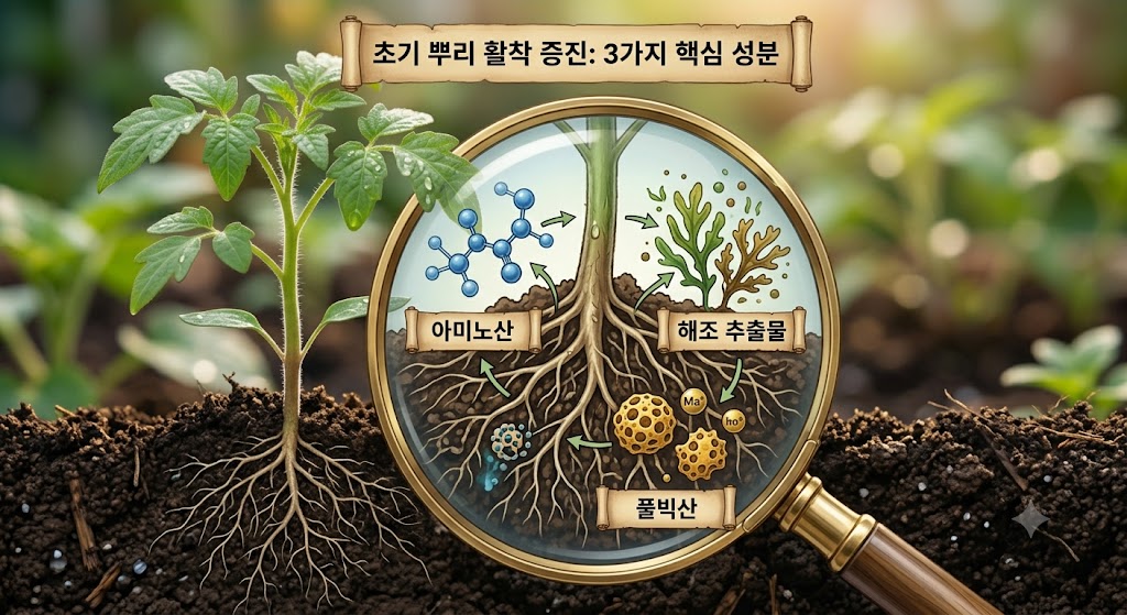 아주심기 직후 뿌리 활착을 돕는 아미노산, 해조 추출물, 풀빅산의 상호작용을 나타낸 설명 삽화