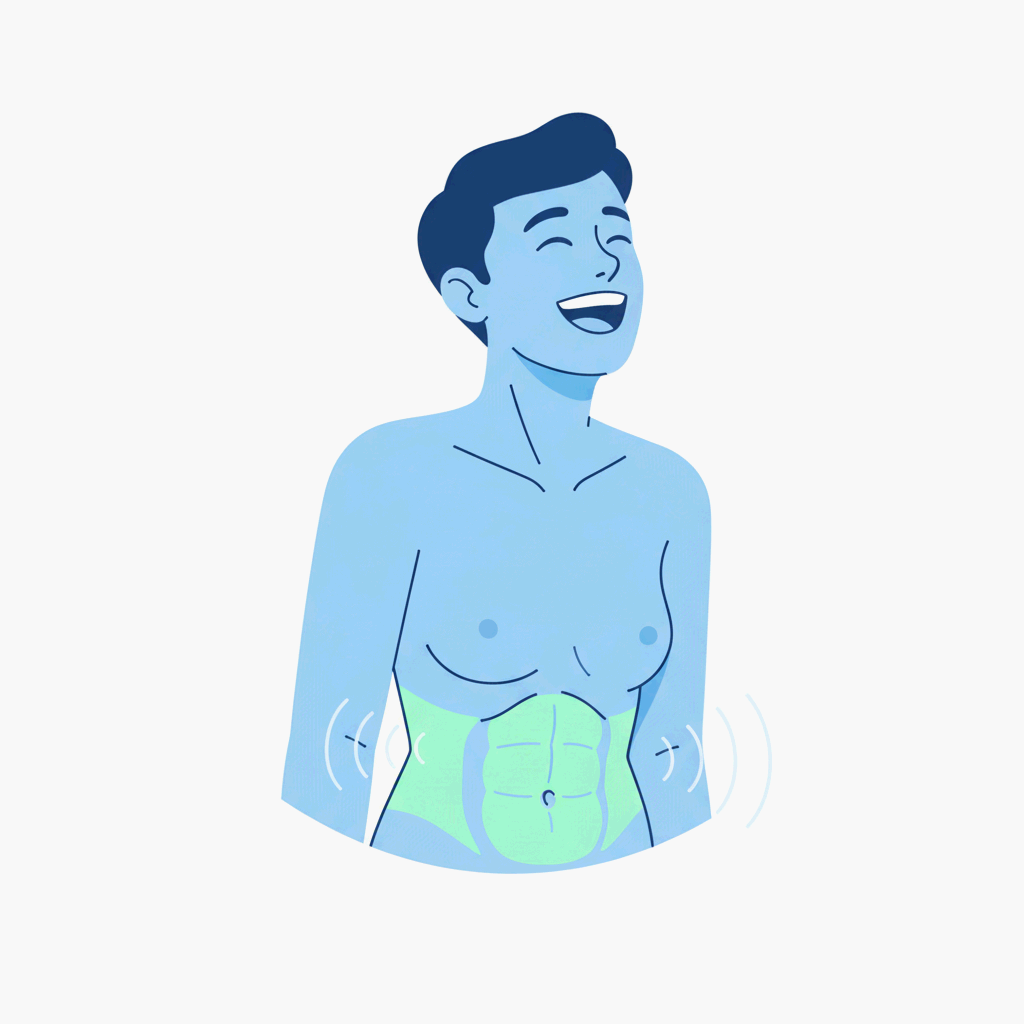 웃을 때 복부 근육이 작동하는 흥미로운 원리를 표현한 파란색 피부의 사람 일러스트레이션