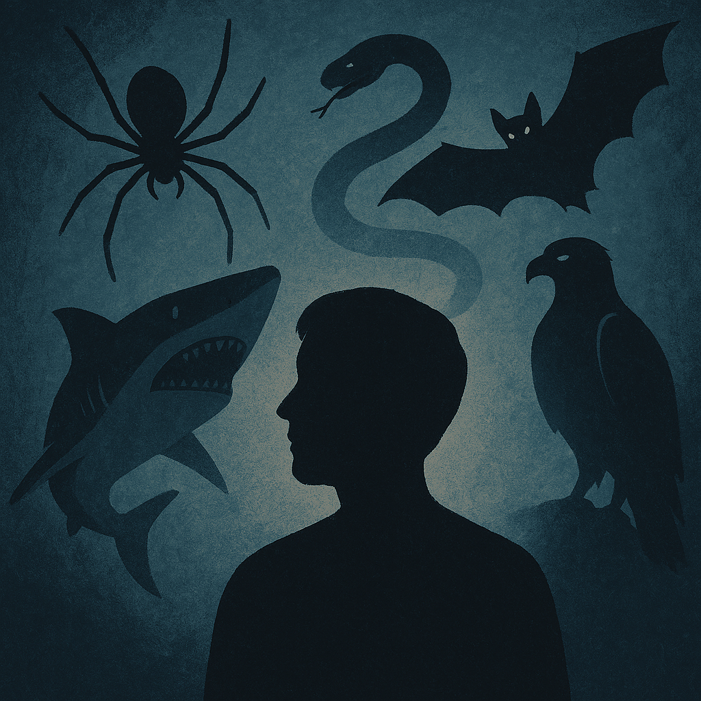 내면의 불안을 상징하는 다양한 동물을 바라보는 사람의 감성 일러스트