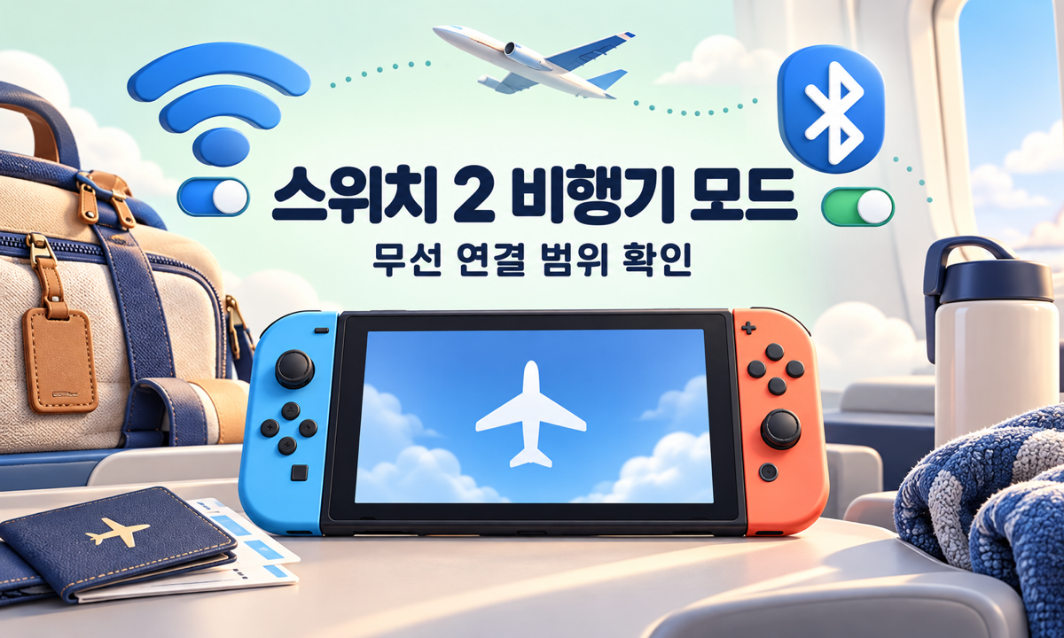 휴대용 게임기와 비행기, Wi-Fi 및 Bluetooth 아이콘으로 스위치 2 비행기 모드의 무선 연결 설정을 설명한 삽화