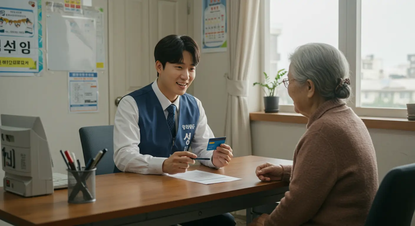 주민센터 직원에게 민생회복 소비쿠폰(선불카드)에 대한 안내를 받으며 안심하고 미소 짓는 어르신의 모습