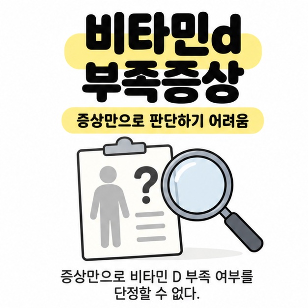 비타민d 부족증상 제목 아래 사람 실루엣과 물음표가 있는 건강 메모를 돋보기로 살펴보며 증상만으로 판단하기 어렵다고 설명한 그림