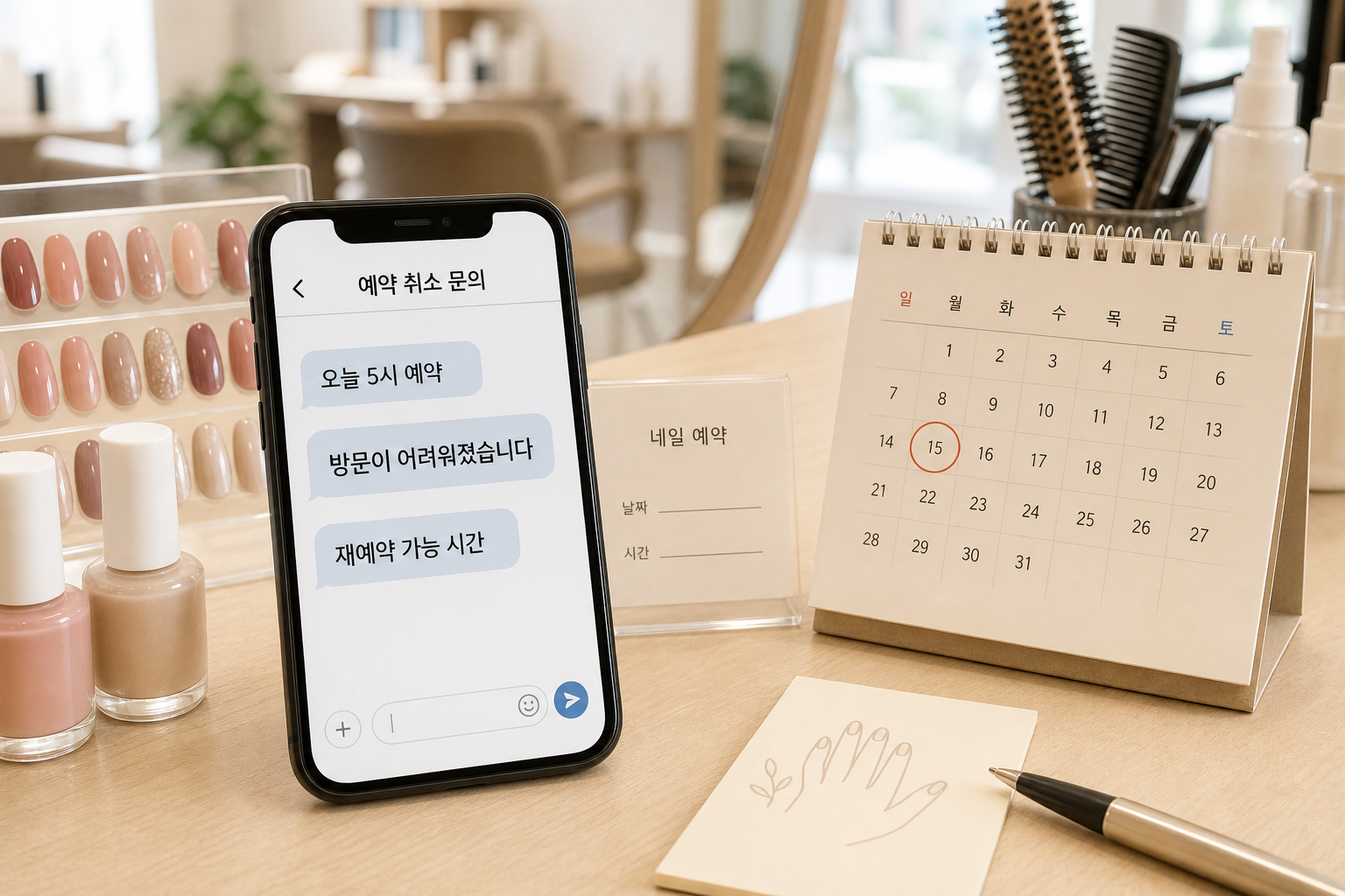 미용실과 네일 예약 취소 문의 메시지, 재예약 가능 시간, 예약 달력을 함께 보여주는 대표 이미지