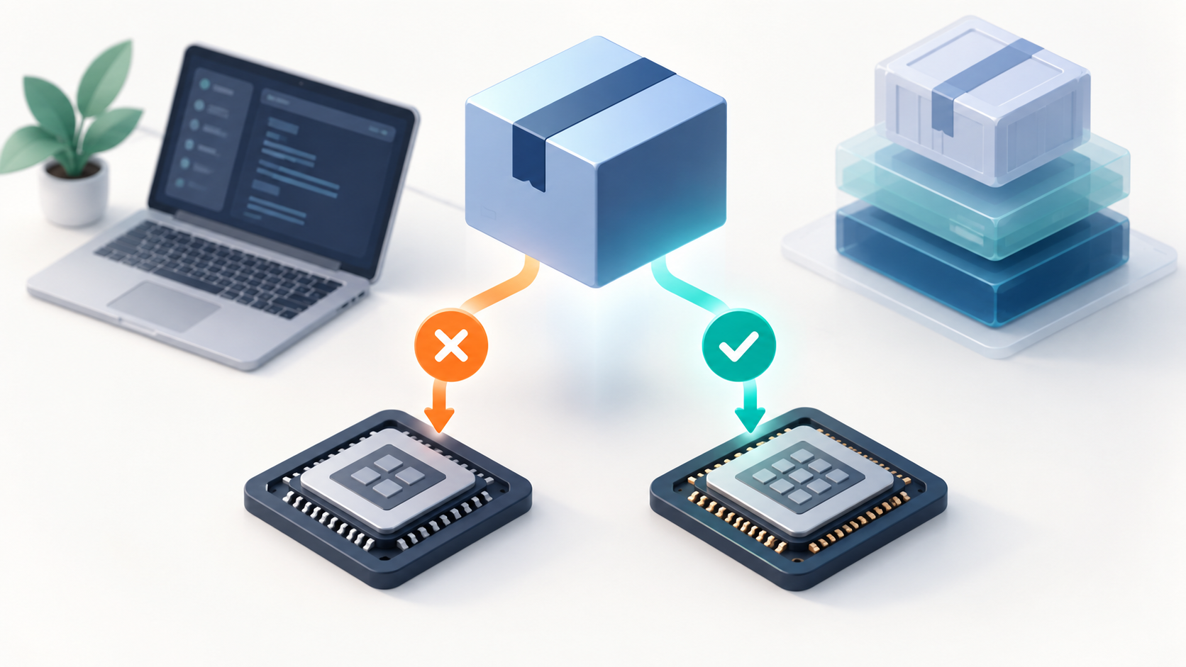 컨테이너 패키지와 서로 다른 CPU 플랫폼의 호환 여부를 비교하는 일러스트