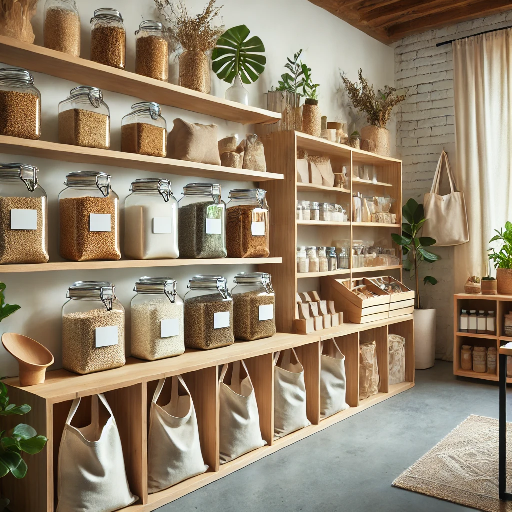 제로 웨이스트 숍의 내부 모습. 유리 용기와 천 가방으로 가득한 이 공간은 포장 없는 친환경 쇼핑을 실천하는 곳입니다.