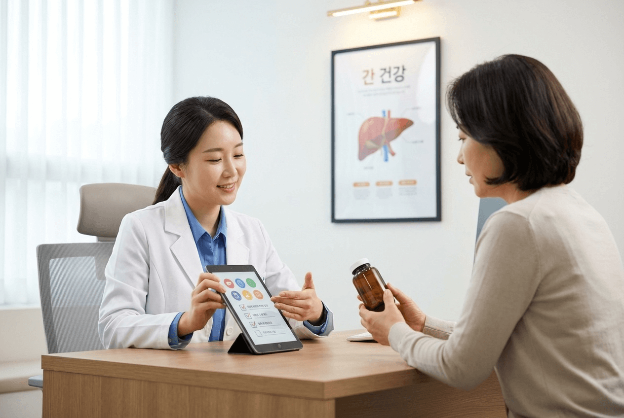 의사와 상담하는 환자의 모습, 안전한 간 영양제 복용을 강조하는 이미지