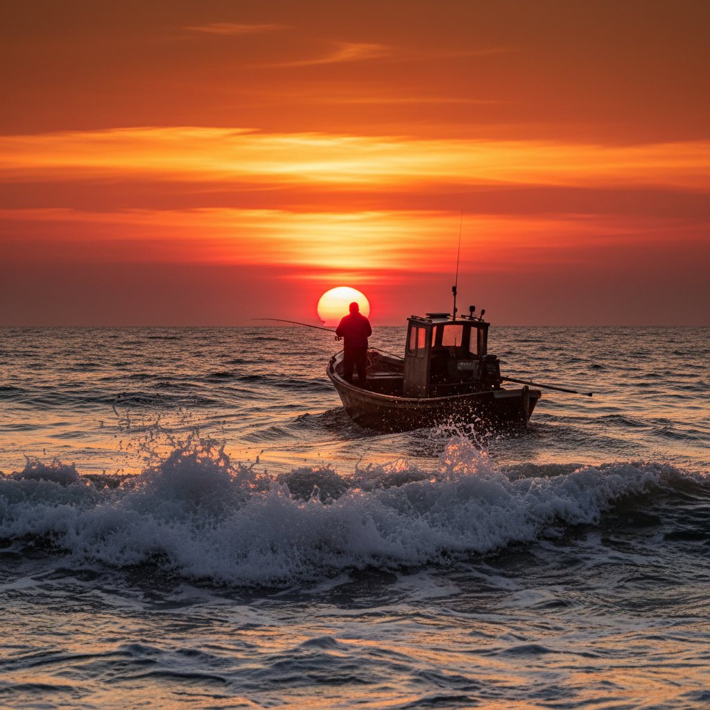 선상에서 일출을 배경으로 낚시를 즐기는 모습