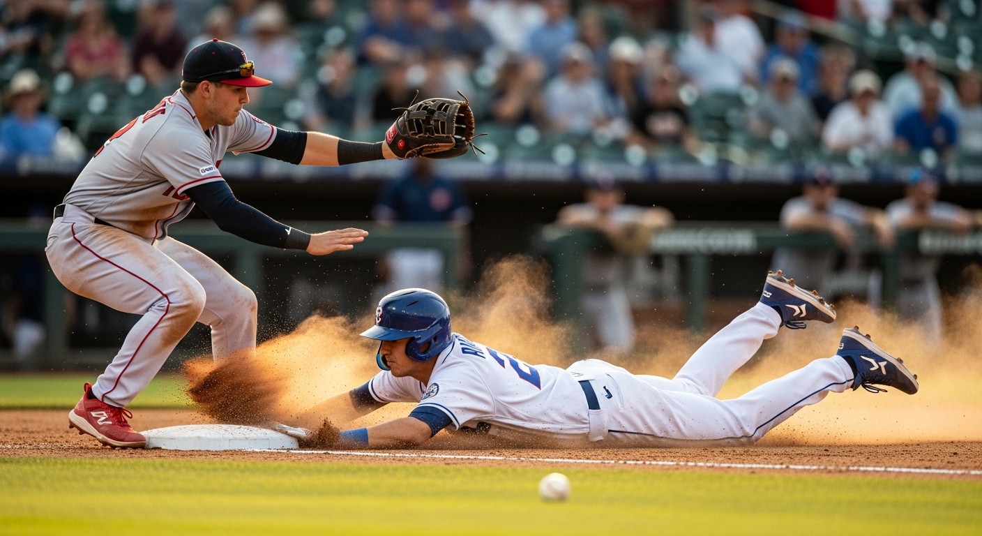 야구 경기에서 주자가 2루로 헤드퍼스트 슬라이딩하며 성공적으로 도루하는 짜릿한 순간. 흙먼지가 역동적으로 흩날린다.