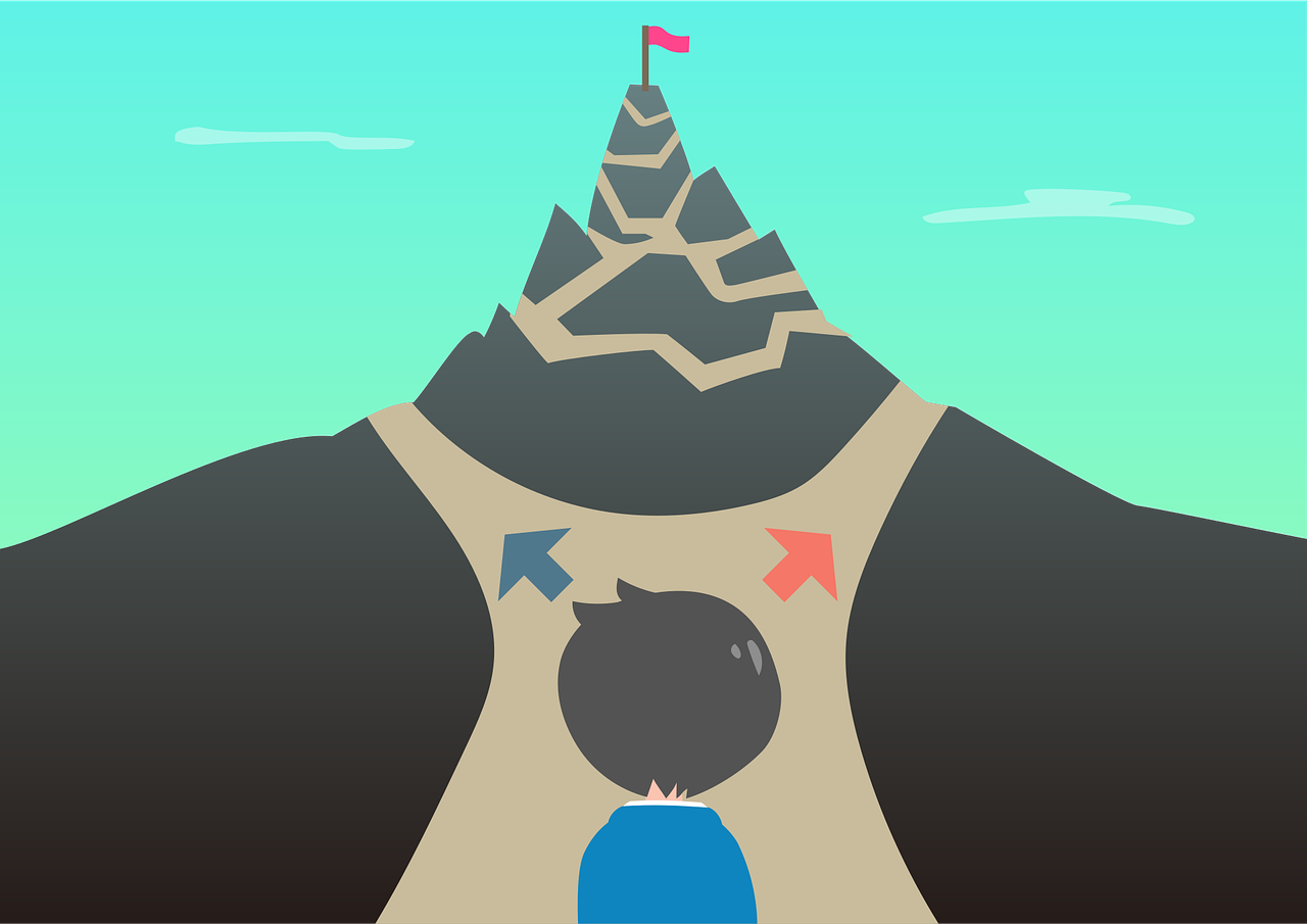 산을 향해 두 갈래 길 앞에 선 사람의 뒷모습, 선택의 순간을 상징하는 그림