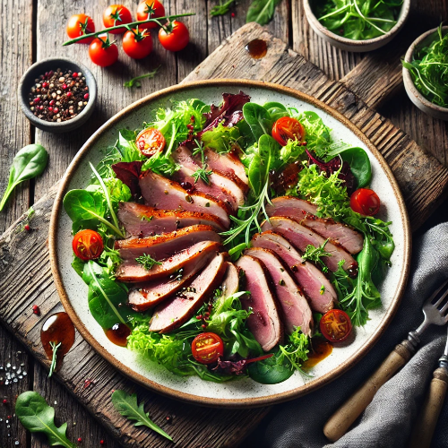 신선한 채소와 훈제 오리고기가 어우러진 샐러드, 상큼한 드레싱과 허브가 가미된 고급스러운 요리.