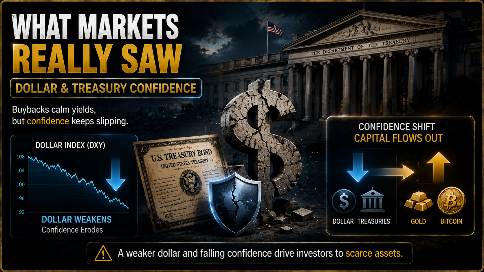 Dollar and Treasury confidence shifts as capital flows toward gold and Bitcoin
