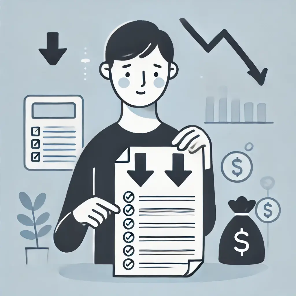 수수료 인하를 나타내는 문서를 든 남자.