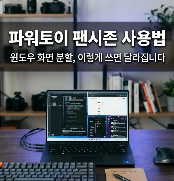 다크 데스크 위 노트북 화면에 팬시존 화면 분할 레이아웃이 표시된 IT 블로그 썸네일. 쿨톤 LED 조명과 키보드·노트 소품 배치, 상단에 파워토이 팬시존 사용법 한국어 텍스트 오버레이 포함.