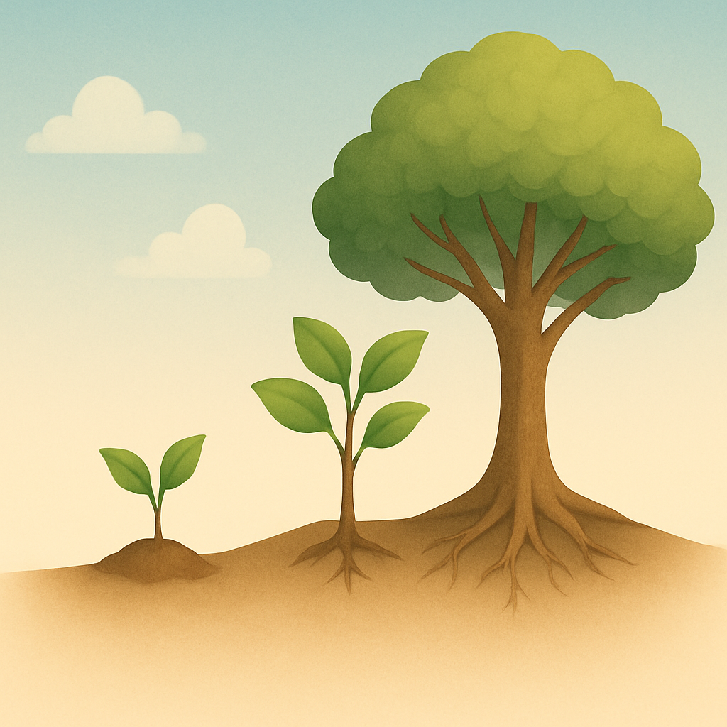 alt="AI로 생성한 작은 습관의 힘을 상징하는 성장 일러스트 - 씨앗에서 새싹, 묘목, 튼튼한 나무로 성장하는 과정을 부드럽고 따뜻한 색감으로 표현한 그림"