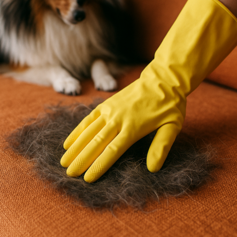고무장갑으로 반려동물 털 제거하는 모습