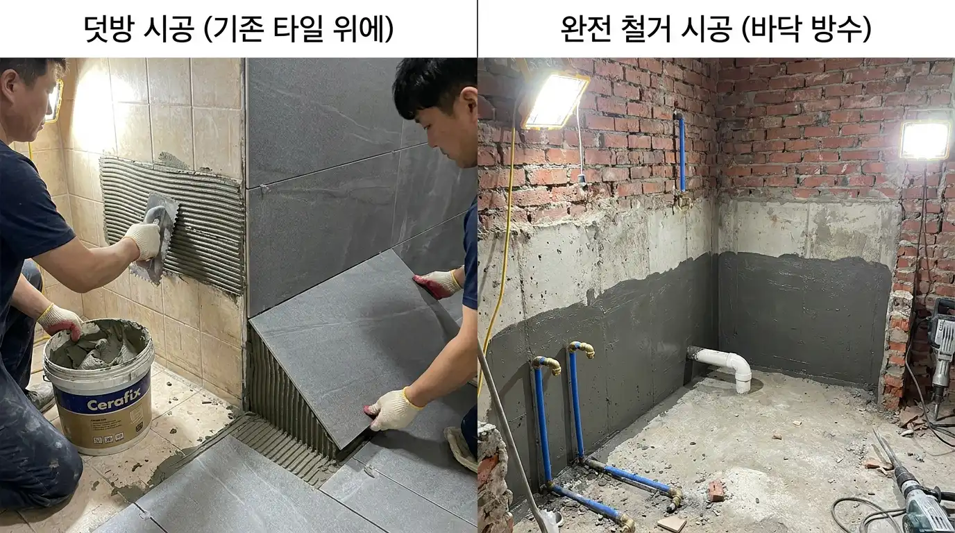 아파트 욕실 리모델링 덧방 시공과 올철거 시공 현장 비교 사진