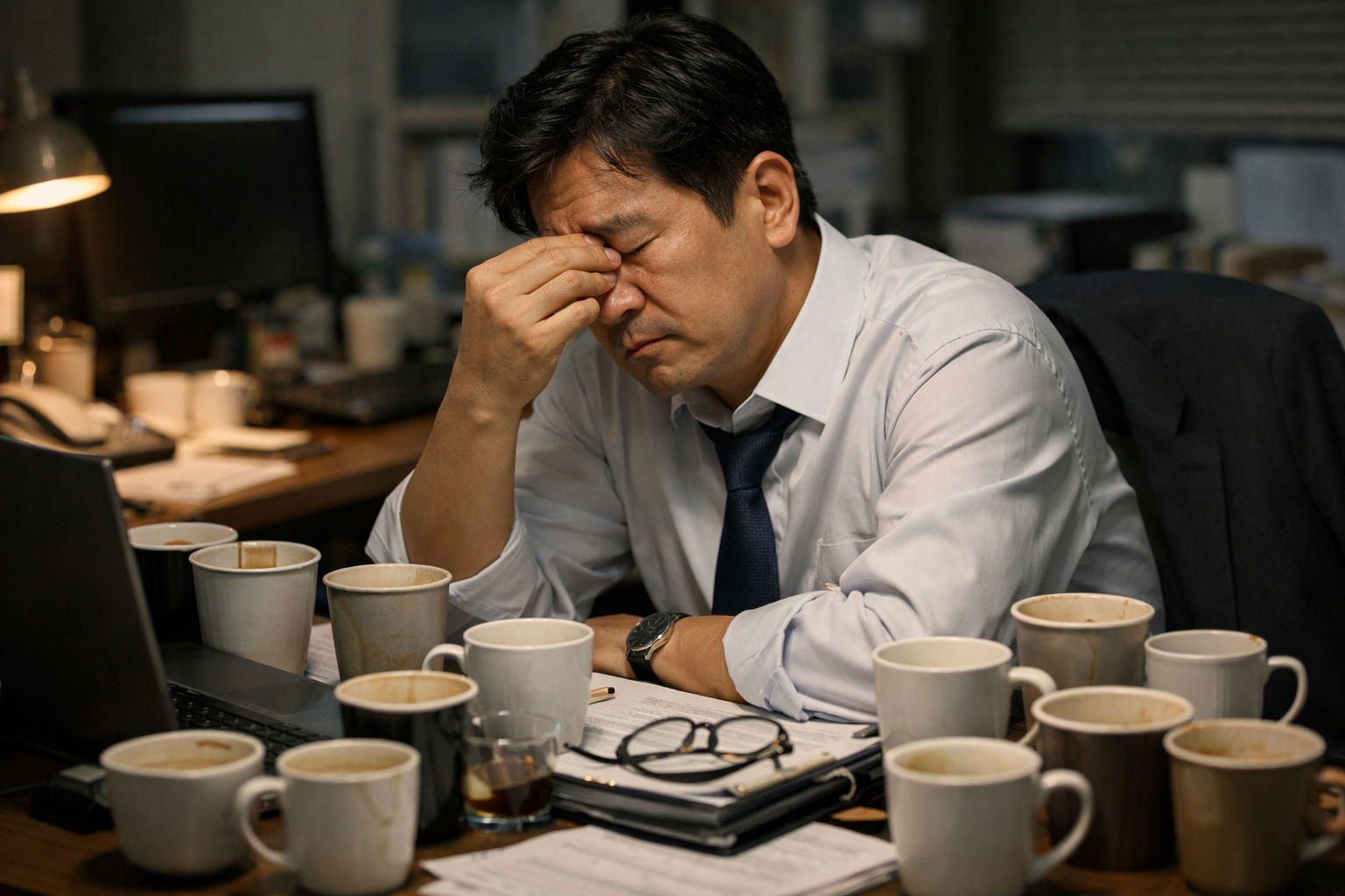 커피로 피곤함을 버티는 40대 중년 남성