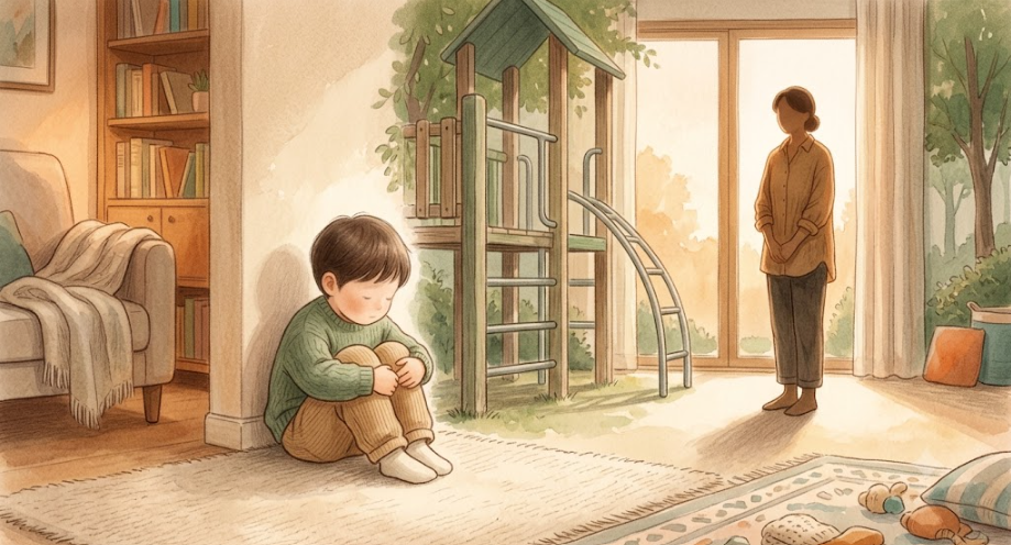 집과 놀이터, 두 공간에서 조용히 혼자 마음을 진정시키는 아이와 거리를 두고 기다리는 부모의 모습을 담은 일러스트