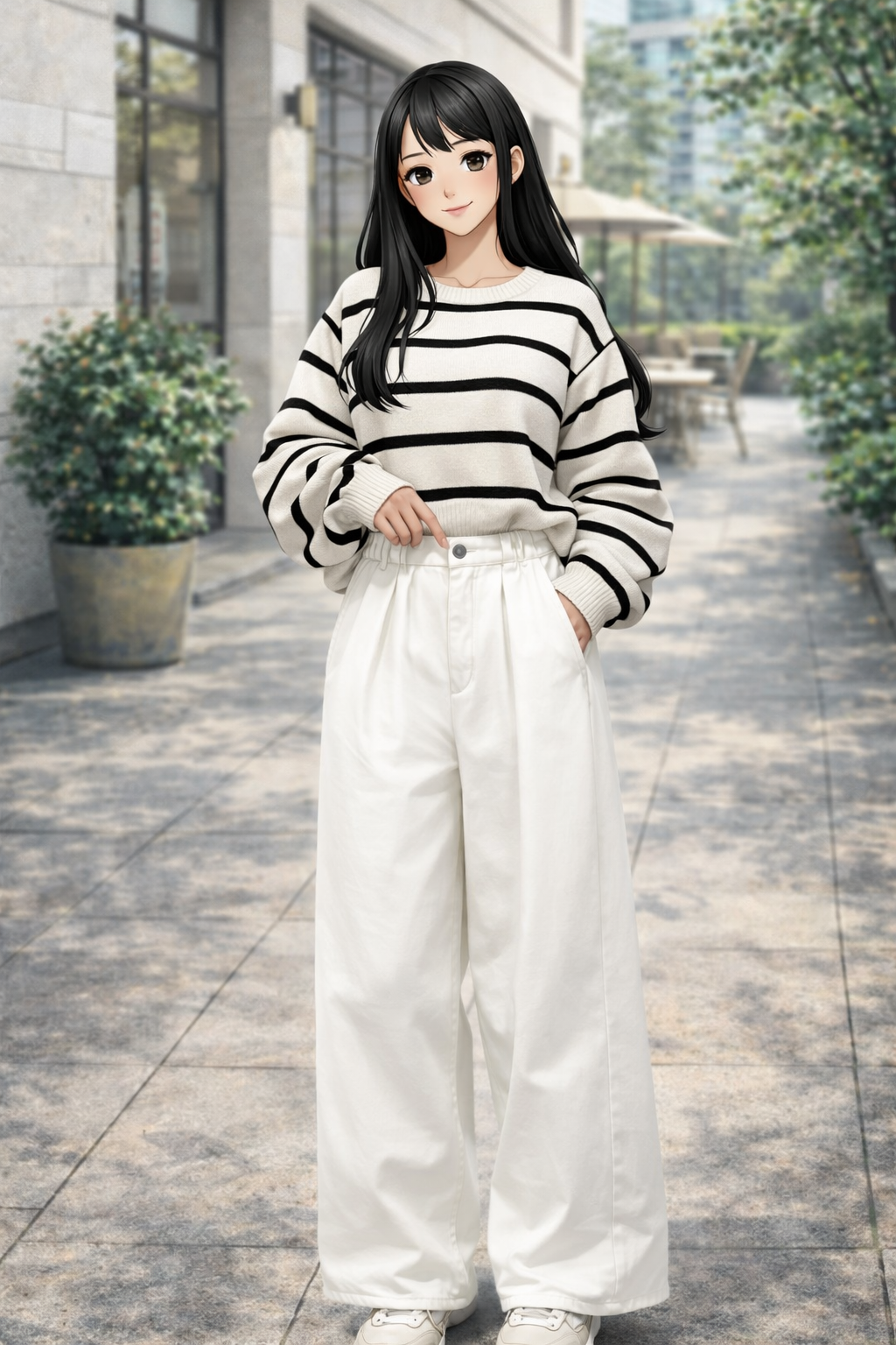 K-Fashion White Jeans Outfit With Striped Top And Clean Casual Styling