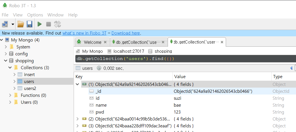 mongoDB - Robo 3T 연결 성공