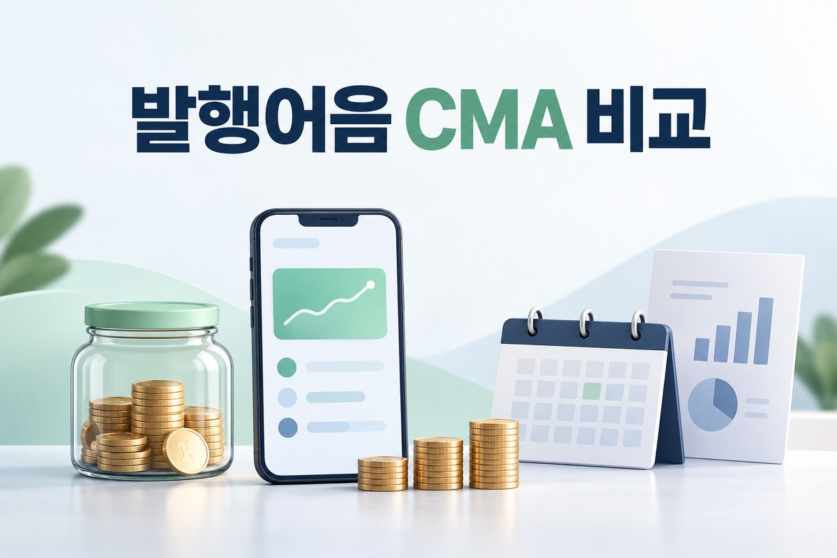 발행어음 CMA 금리 비교를 상징하는 스마트폰과 동전, 30일 달력 일러스트