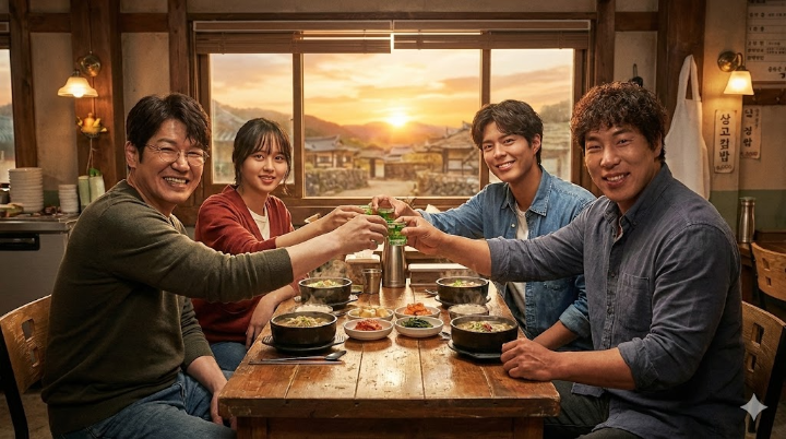 멤버들이 허름한 국밥집에 모여 앉아, 소주잔을 기울이고 있다