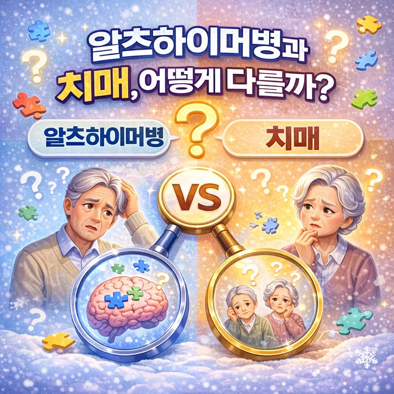 알츠하이머병과 치매의 차이를 비교한 일러스트