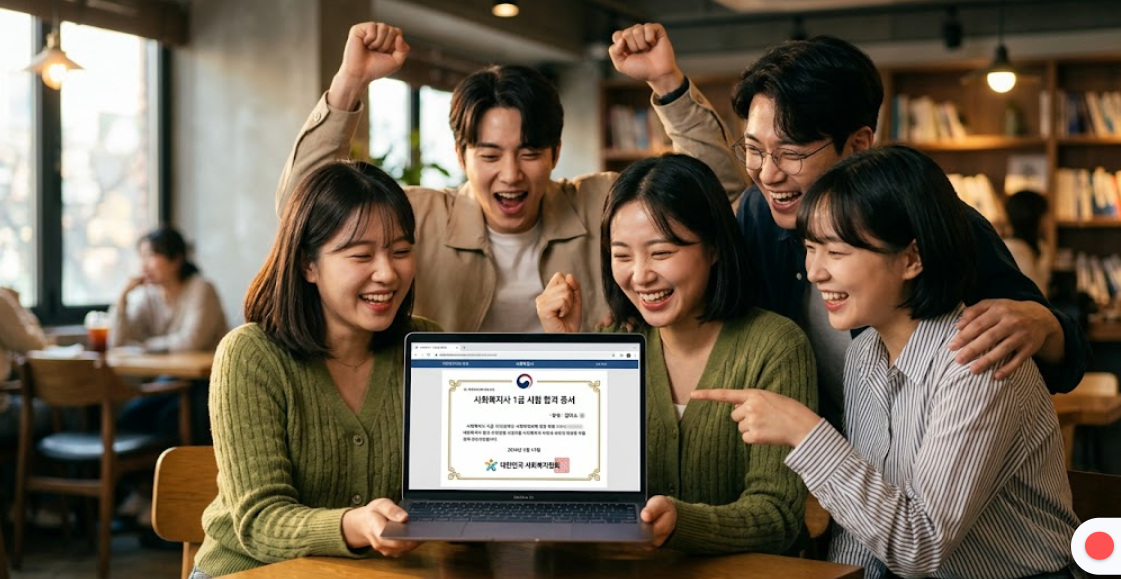 합격 통지서를 확인하고 환하게 웃으며 기뻐하는 남녀 모습