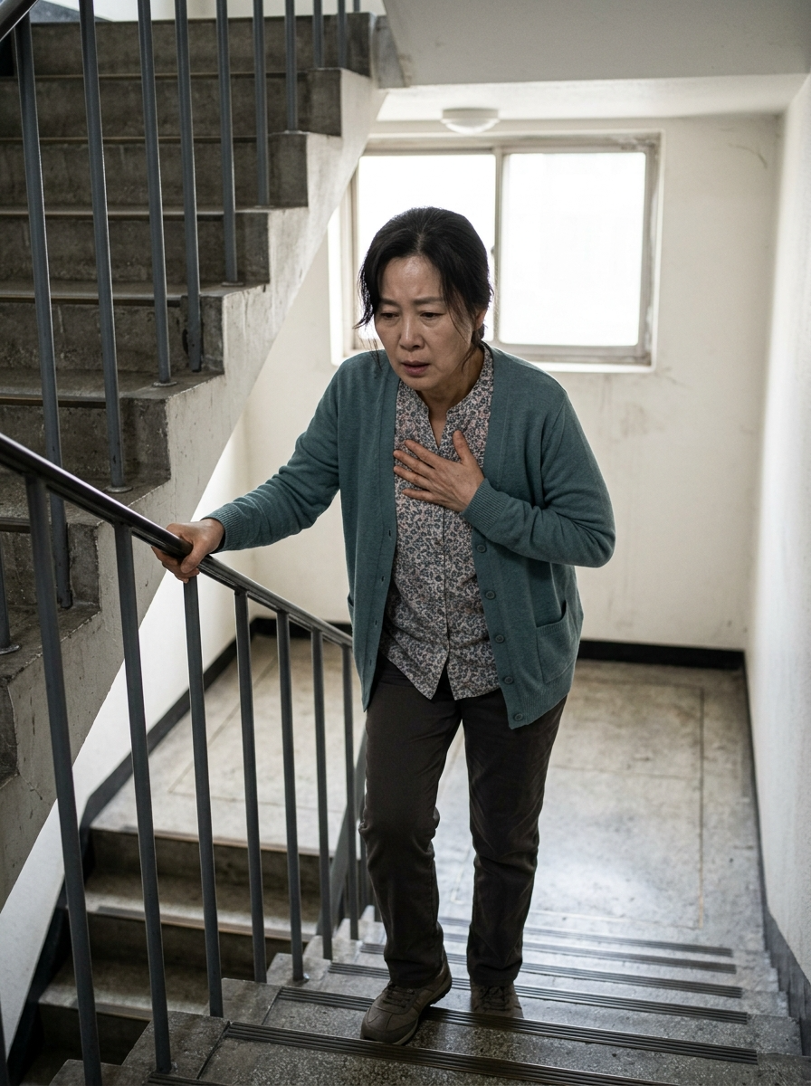 50~60대 중년의 한국인이 아파트 계단 중간에서 멈춰 서서 숨을 헐떡이는 모습