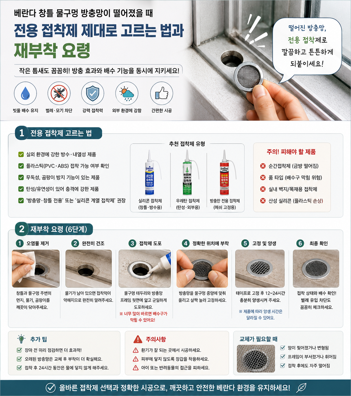 배란다 창틀 물구명 방충망이 떨어졌을 때 전용 접착제 고르는법과 재부착 요령 가이드 이미지