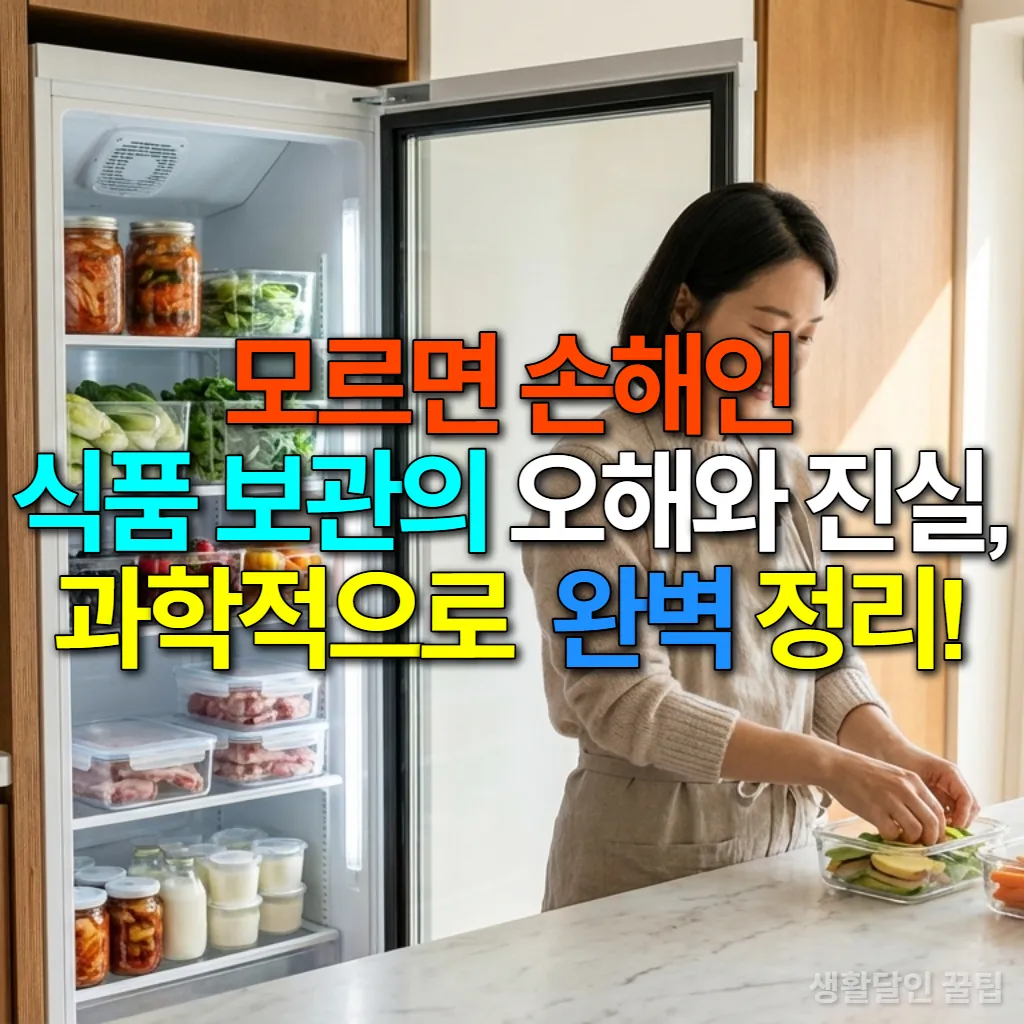 깔끔하게 정리된 냉장고와 주방에서 신선한 식재료를 보관하는 한국 여성