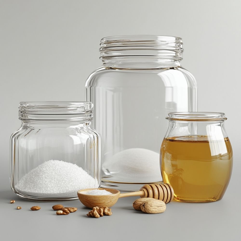 소금, 설탕, 꿀이 들어 있는 재활용 유리병
