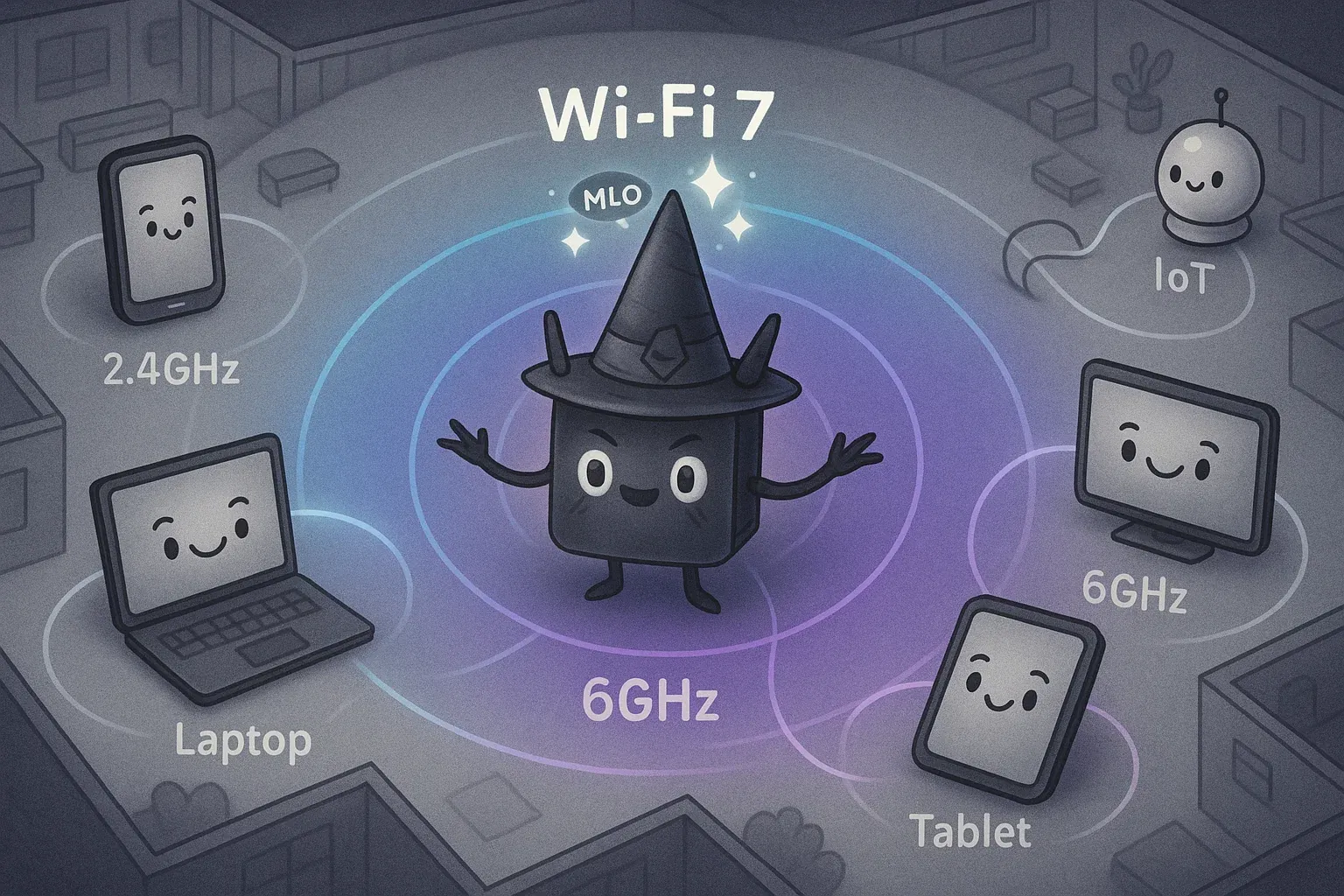 Wi-Fi 7 공유기 캐릭터가 다양한 주파수 대역으로 여러 기기를 동시에 연결하는 모습을 보여주는 팀 버튼 스타일의 감성 일러스트