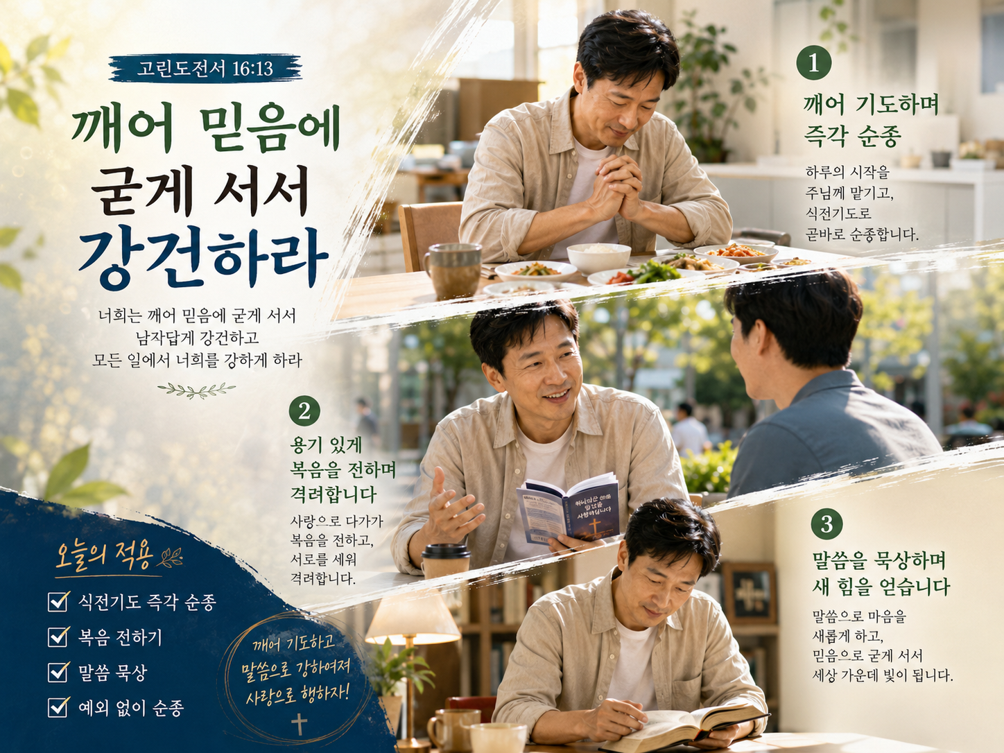 고전 16:13 말씀에서 제가 믿음에서 강한 자가 되도록 스스로 경계하고 격려하며 지속적으로 믿음을 강하게 하는 자가 되도록 오늘도 식전기도&amp;#44; 전도&amp;#44; 말씀묵상을 이전보가 강하고 예외없이 즉각 순종하도록 적용하는 모습입니다.