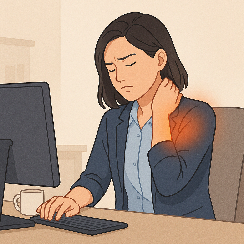 장시간-컴퓨터-사용으로-어깨에-통증을-느끼며-목과-어깨를-주무르는-여성의-모습으로-오랜-시간-앉아서-작업할-때-발생하는-어깨-결림의-원인을-나타낸-이미지