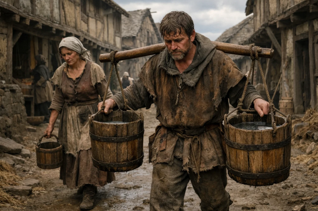 중세 도시에서 물통을 나르며 생활용수를 운반하는 노동자들의 모습