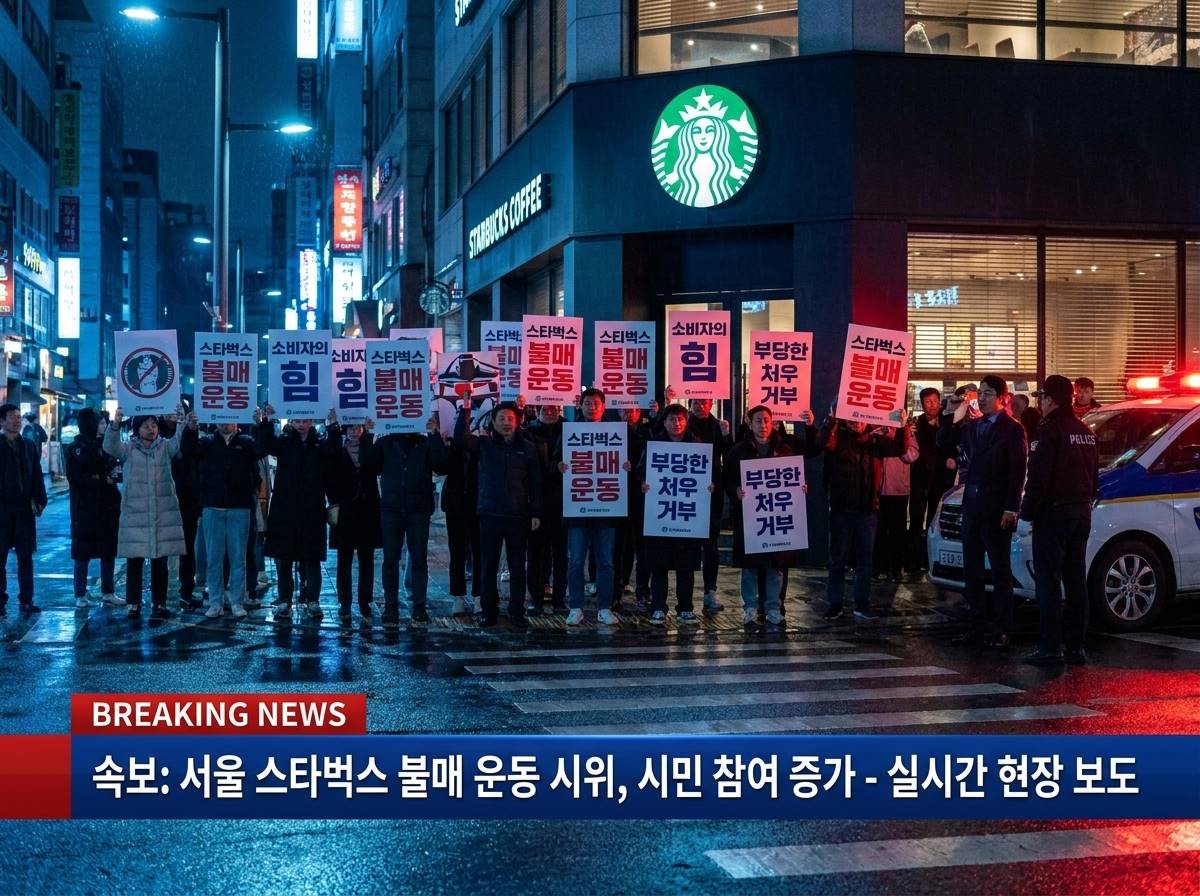 서울 도심 스타벅스 매장 앞에 불매운동 피켓을 든 시민들과 뉴스 속보 자막이 합성된 장면 - AI 생성.