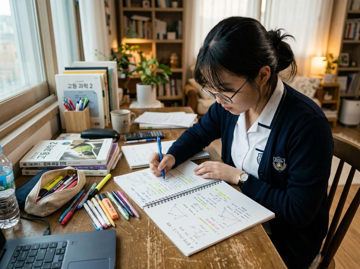 취약 개념을 복습하며 문제를 푸는 한국 학생