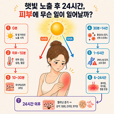 메인 타이틀 "햇빛 노출 후 24시간, 피부에 무슨 일이 일어날까?"와 함께 햇빛에 어깨가 그을린 여성, 24시간 동안의 피부변화 7단계를 보여주는 도표가 그려져있다.