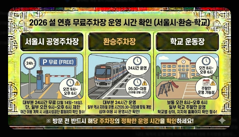[귀성길] 주요 거점 무료주차장(2026년, 설 연휴, 서울시)(+ 환승주차장)