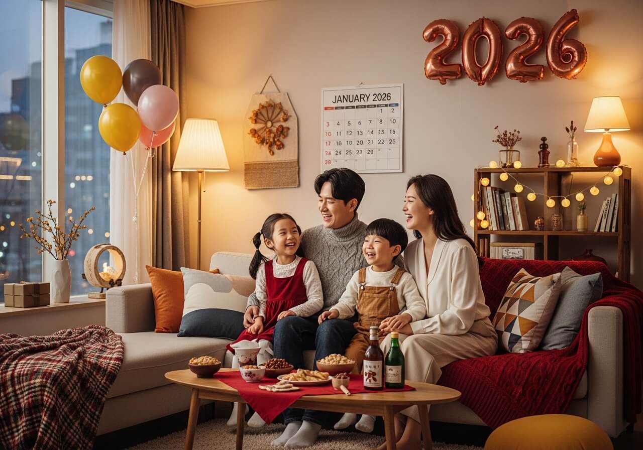 2026년 새해를 맞아 가족이 거실에서 함께 웃으며 시간을 보내는 따뜻한 분위기의 장면, 행복과 희망을 상징하는 가정의 모습