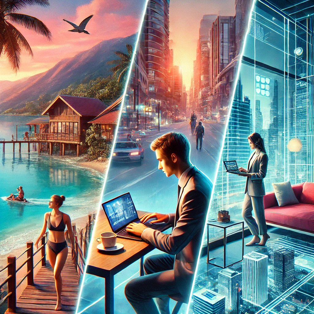 디지털 노마드 라이프스타일을 표현한 이미지사진, 
비치 카페에서 노트북으로 일하는 프리랜서,
 도시 속 모던한 코워킹 스페이스에서 원격 근무하는 사람,