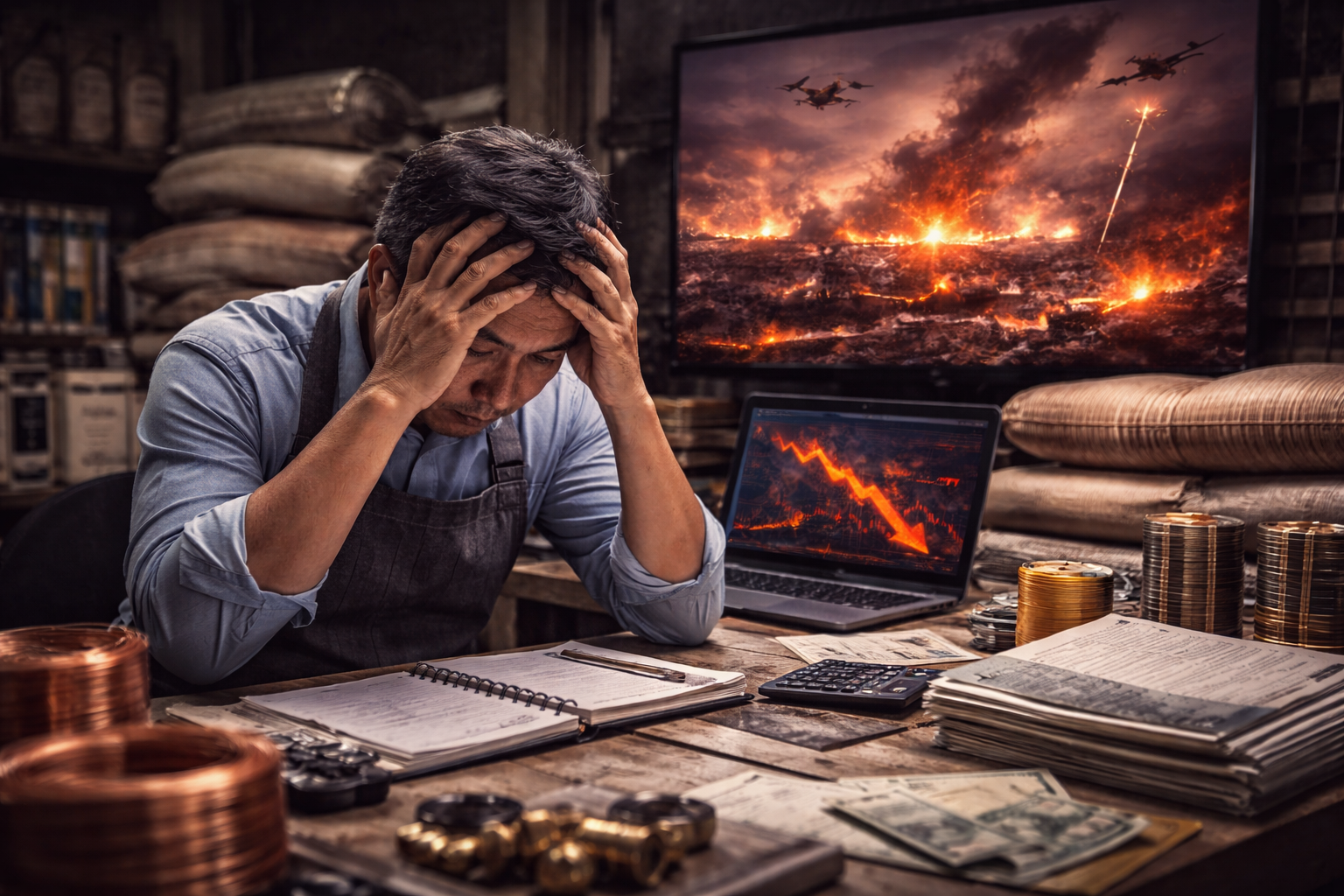 미국-이란 전쟁으로 괴로워하는 자영업자의 이미지