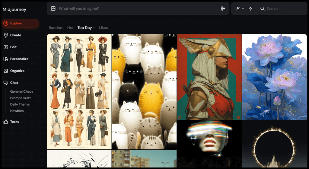 Midjourney Web UI 웹페이지 메인화면 스크린샷