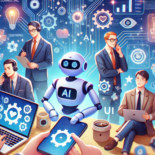 AI가 이메일 자동 회신, 일정 관리, 고객 서비스 챗봇 운영 등의 자동화 작업을 수행하는 장면. AI 도우미가 작업을 처리하는 직관적인 UI 화면